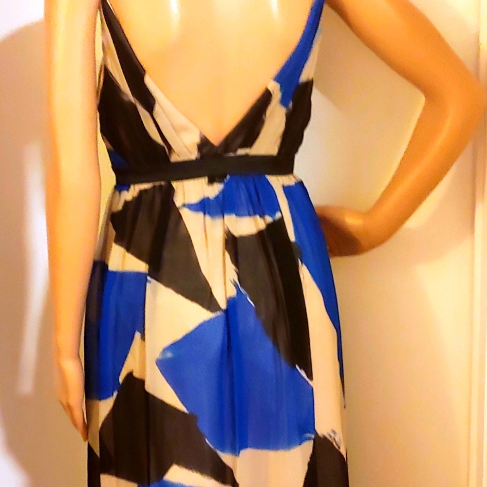 NEW SUE WONG 10 SILK CHIFFON BLUE BLACK WHITE V LOW CUT DRESS - Picture 6 of 9